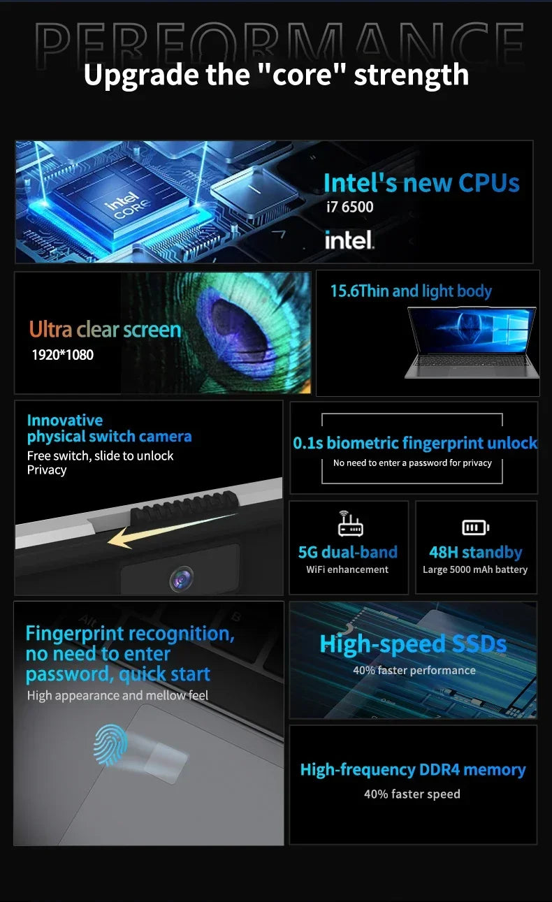 15,6 pouces Intel Core I7 6500U Ordinateur portable Windows 11 Pro 16 Go DDR4 512 Go 1 To SSD Portable PC Gamer Ordinateurs portables de jeu